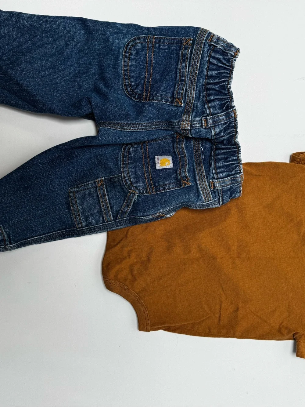 Carhartt Brown Short-Sleeve Onesie with Denim Carpenter Jeans
